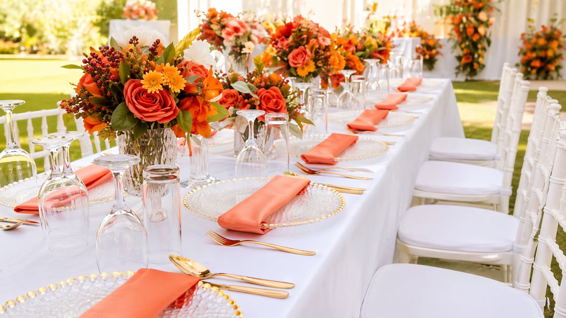 Outdoor table setting with coral florals, gold-rim chargers and ghost chairs
