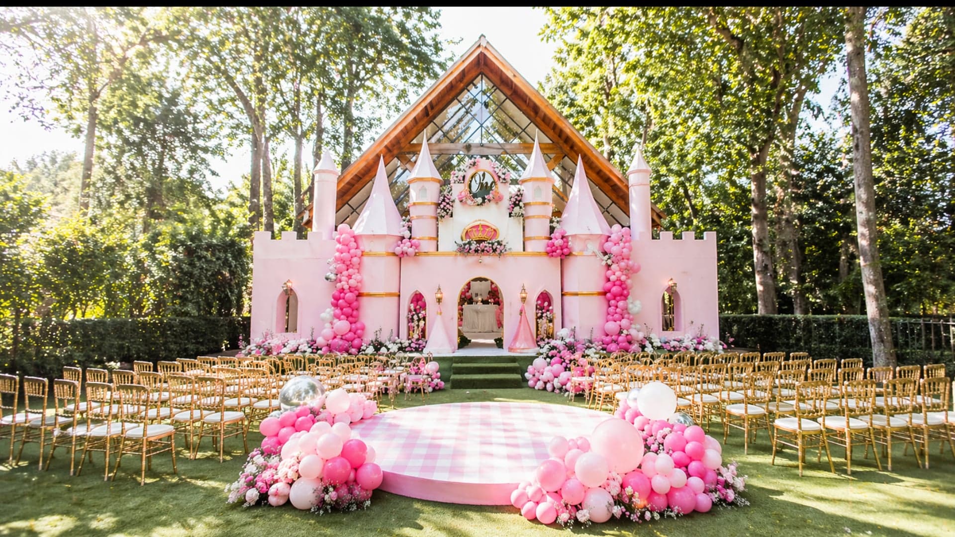 Pink castle ceremony setup with kids' chairs and balloon decoration