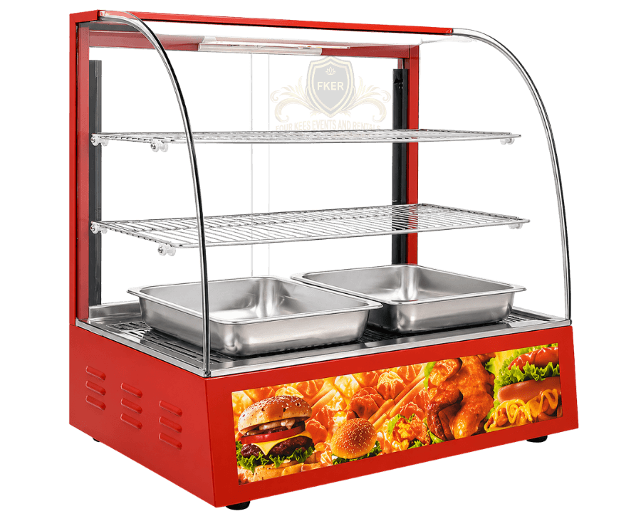 Commercial Electric Curved Glass Food Warmer from Four Kees Events and Rentals inventory
