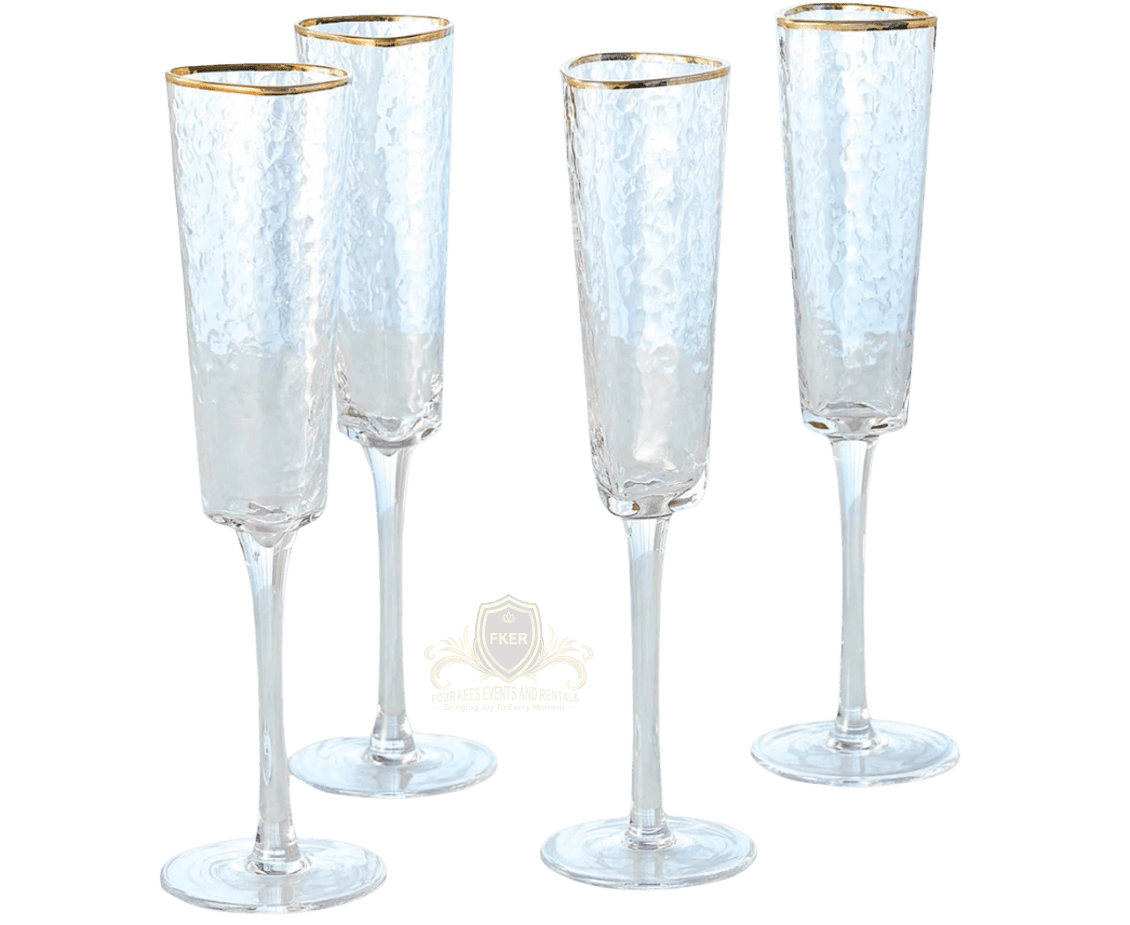 Gold Rim Hammered Champagne Glass from Four Kees Events and Rentals inventory