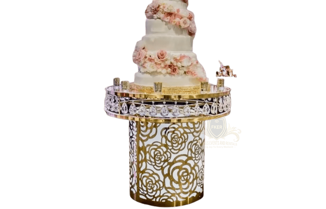 Gold Wedding Cake Table from Four Kees Events and Rentals inventory
