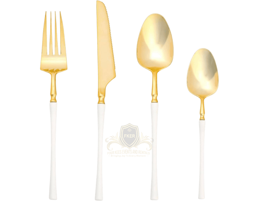 Gold White Handle Flatware Cutlery from Four Kees Events and Rentals inventory