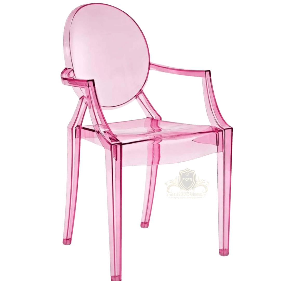 Pink Ghost Chair from Four Kees Events and Rentals inventory