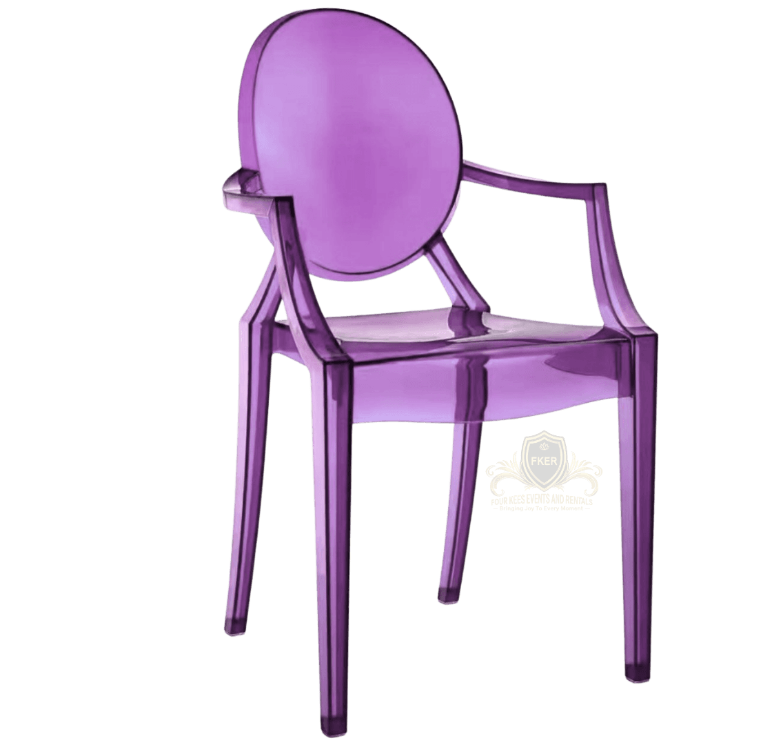 Purple Ghost Chair from Four Kees Events and Rentals inventory